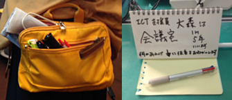 頼まれたことにその場ですぐに対応するための支援セット(左)と、職員室にいない時に先生方からの質問を受けるためのメモや居場所を提示するホワイトボード(右)。「先生方に話しかけていただきやすいよう、様々な工夫をしていました」(大森さん)