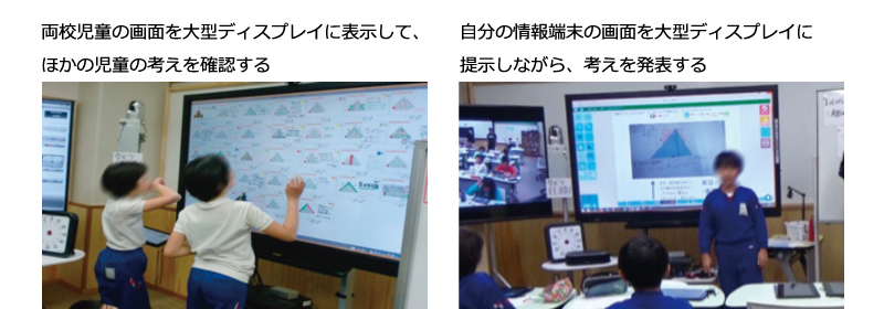 左:両校児童の画面を大型ディスプレイに表示して、ほかの児童の考えを確認する 右:自分の情報端末の画面を大型ディスプレイに提示しながら、考えを発表する