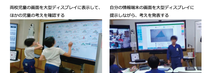 左：両校児童の画面を大型ディスプレイに表示して、ほかの児童の考えを確認する　右：自分の情報端末の画面を大型ディスプレイに提示しながら、考えを発表する