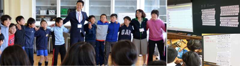 左:校歌ならぬ学年歌を創って、修了式で合唱 右:友達へのプレゼントソング作り