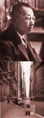 上：初代社長の内田憲民 下：アメリカ視察に訪れた内田憲民。ニューヨーク　ウォール街にて
