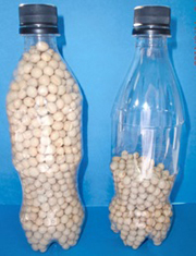 ペットボトル骨模型（中身） 片方には半分しか大豆を詰めず、ペットボトルの底には空気穴を開けて折れるようにしている